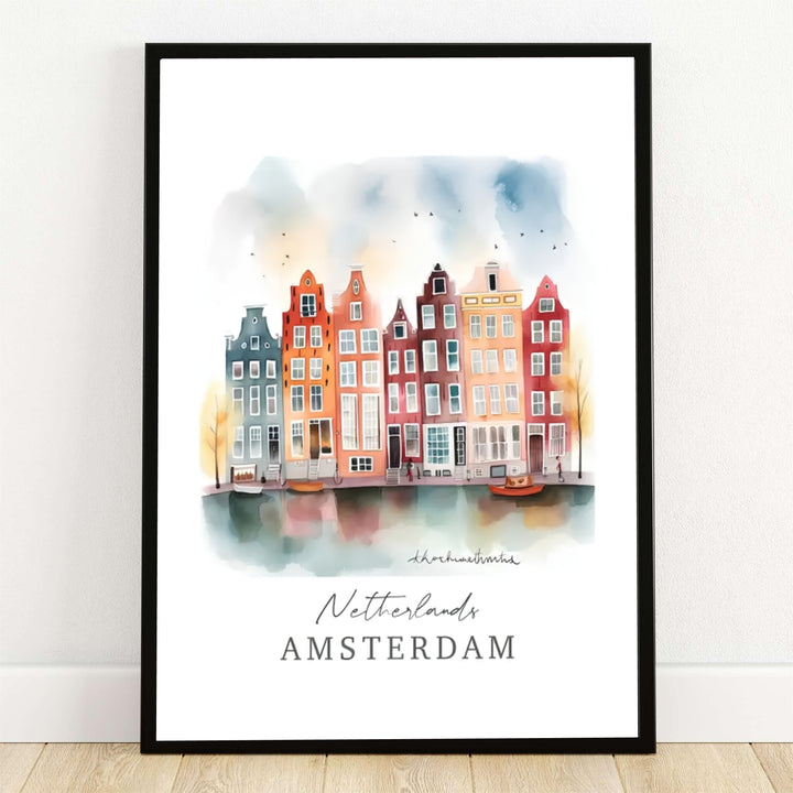 Amsterdam watercolor canal houses poster showcasing a storybook art print with terracotta and mustard gabled facades reflected on water, offered by MapYourDreams with product options including unframed paper prints, gallery wrapped canvas wall decor, or custom framed options to complement cozy rooms.