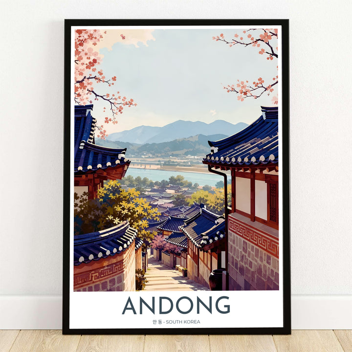 Serene vector travel print depicting traditional Hanok rooftops and cherry blossoms overlooking Hahoe Folk Village in Andong, South Korea, with distant mountain ridges and the Nakdong River. Offered by MapYourDreams, this artwork is available in flexible options including unframed paper, custom wooden frames, and gallery canvas wraps.