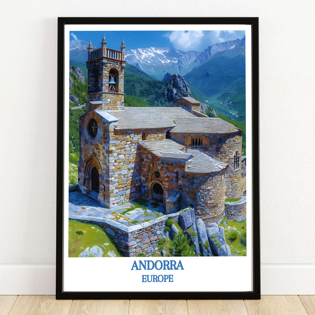 The historic 11th-century Sant Joan de Caselles Church in Andorra stands against snow-dusted Pyrenees mountains in this travel poster. MapYourDreams supplies this artwork in framed, unframed, and canvas options.
