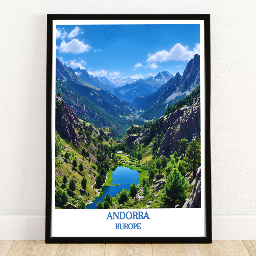 The scenic UNESCO World Heritage Valley of Madriu-Perafita-Claror in Andorra features a blue mountain tarn and Pyrenees peaks in this travel poster. MapYourDreams offers framed, unframed, and canvas options.