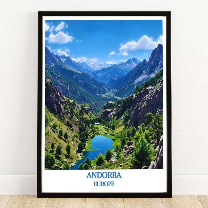 The scenic UNESCO World Heritage Valley of Madriu-Perafita-Claror in Andorra features a blue mountain tarn and Pyrenees peaks in this travel poster. MapYourDreams offers framed, unframed, and canvas options.