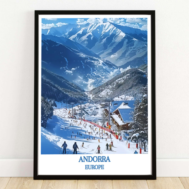 Busy snow slopes, skiers, and ski lifts at Vallnord Ski Resort in Andorra star in this winter sports travel poster. MapYourDreams provides high-grade framed, unframed, and canvas options for living room decor.