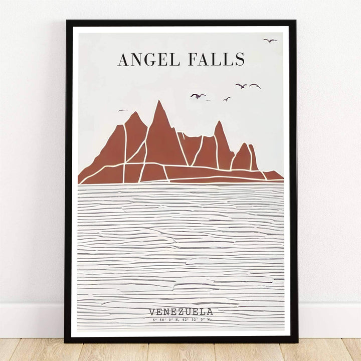 Angel Falls Venezuela boho travel poster featuring terracotta mountain silhouettes, textured water ripples, and flying birds. Crafted by MapYourDreams, this design can be ordered as borderless archival paper, custom wooden frames, or gallery canvas wraps.