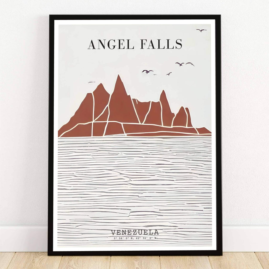Angel Falls Venezuela boho travel poster featuring terracotta mountain silhouettes, textured water ripples, and flying birds. Crafted by MapYourDreams, this design can be ordered as borderless archival paper, custom wooden frames, or gallery canvas wraps.