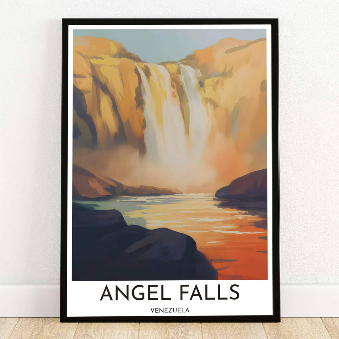 Angel Falls Venezuela wall art featuring a painterly golden hour sunset over towering sandstone cliffs, cascading water, and reflective rivers. Crafted by MapYourDreams, this design can be ordered as borderless archival paper, custom wooden frames, or gallery canvas wraps.