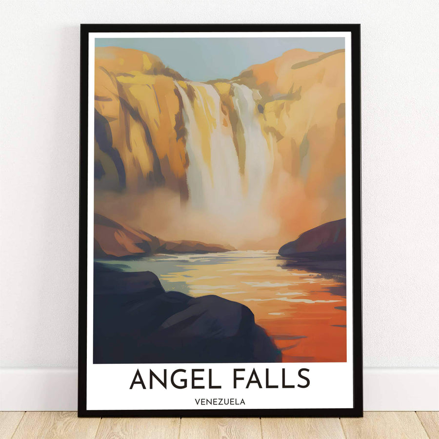 Angel Falls Venezuela wall art featuring a painterly golden hour sunset over towering sandstone cliffs, cascading water, and reflective rivers. Crafted by MapYourDreams, this design can be ordered as borderless archival paper, custom wooden frames, or gallery canvas wraps.