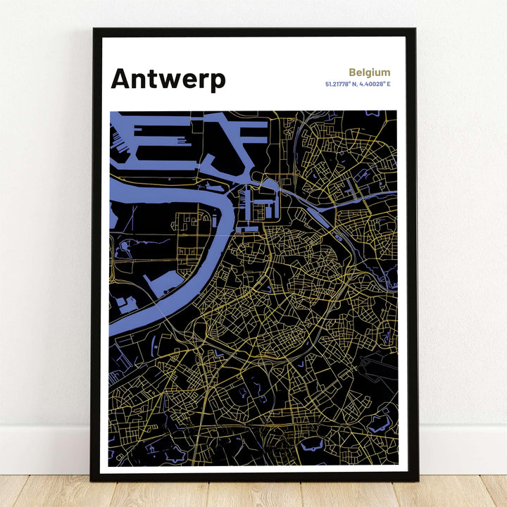 A black and gold city map print illustrating Antwerp, Belgium, detailing the wide loop of the Scheldt River, harbor docks, and street grids in metallic linework. This cartographic wall art is available in flexible display formats including unframed archival paper, handcrafted wooden frames, and gallery canvas wraps.