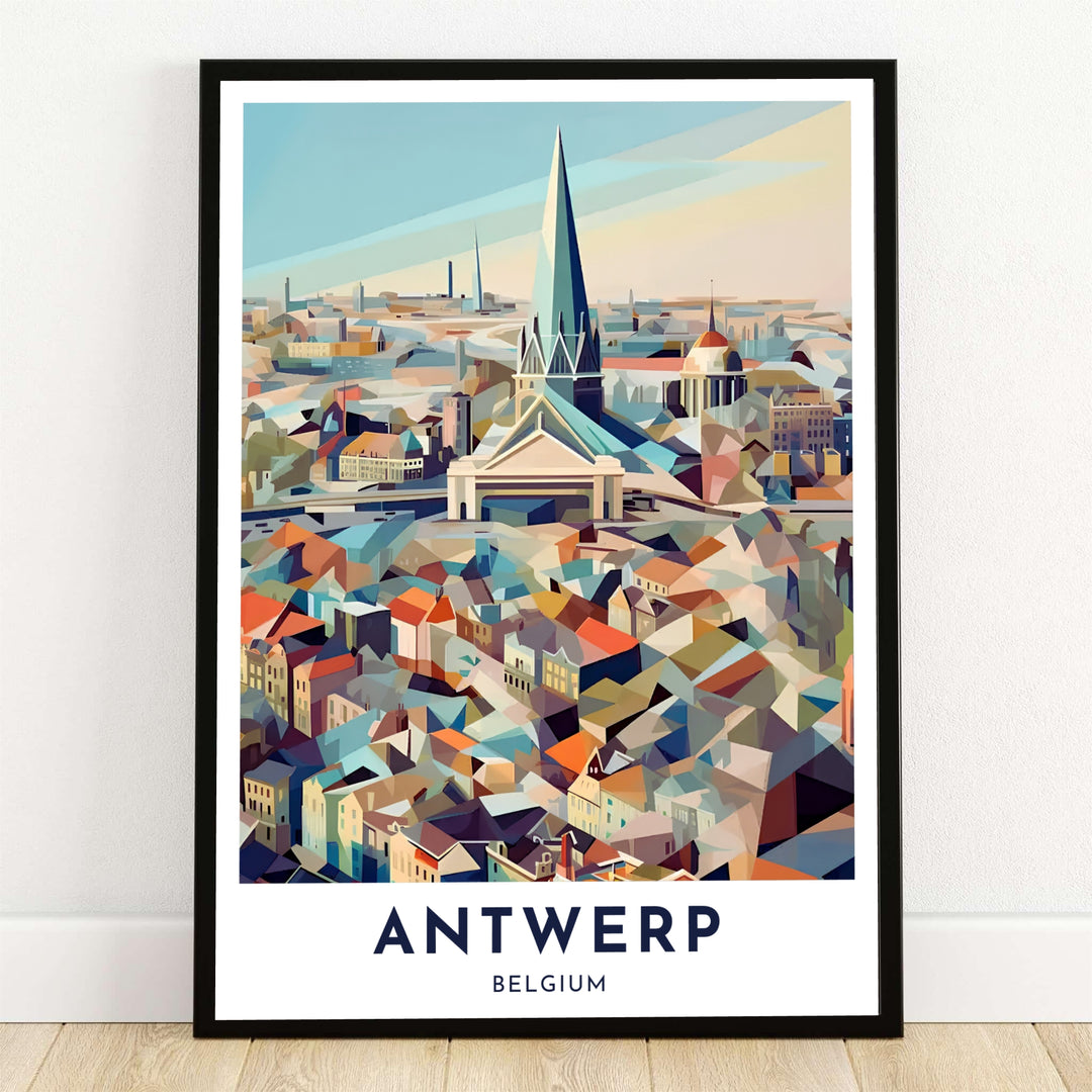A geometric skyline art print of Antwerp, Belgium, featuring faceted rooftops in terracotta and slate blue underneath the cathedral spire and pastel sky. This architectural travel wall art is available in flexible presentation choices including unframed archival paper, custom wooden frames, and gallery canvas wraps.