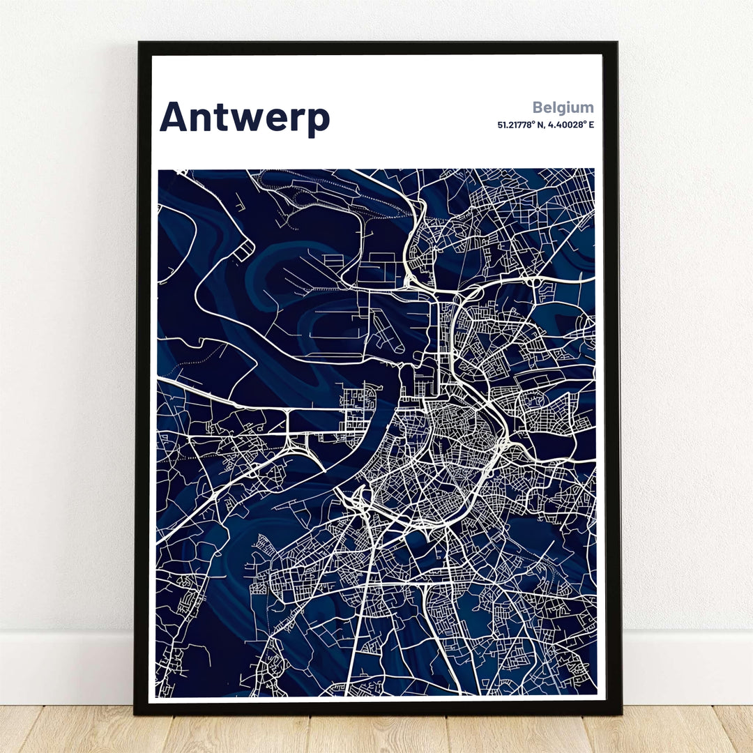 A modern navy blue and white city map print displaying Antwerp, Belgium, detailing the wide curve of the Scheldt River, harbor docks, and street grids. Offered by MapYourDreams, this artwork is available in flexible options including unframed paper, custom wooden frames, and gallery canvas wraps.