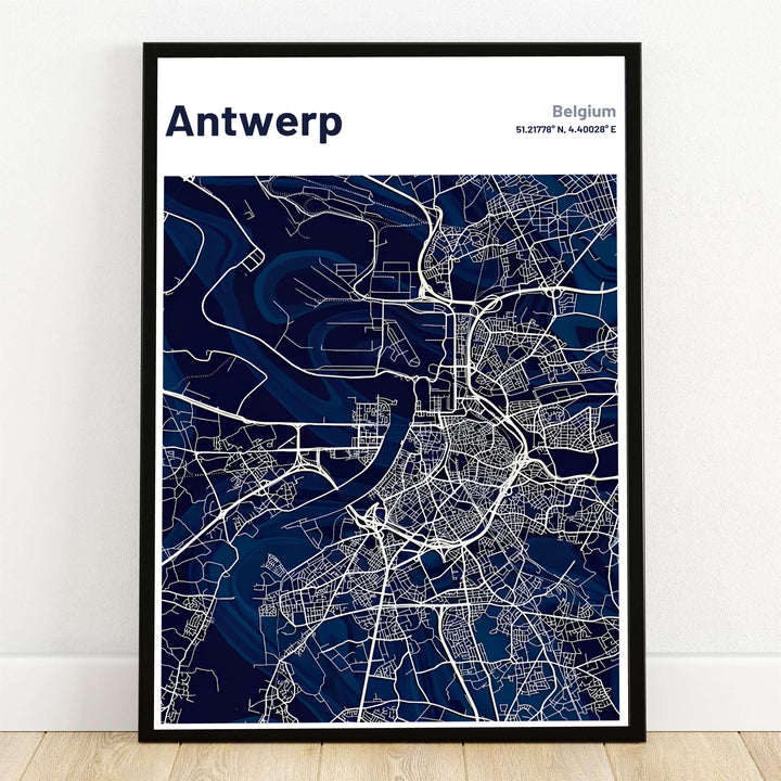 A modern navy blue and white city map print displaying Antwerp, Belgium, detailing the wide curve of the Scheldt River, harbor docks, and street grids. Offered by MapYourDreams, this artwork is available in flexible options including unframed paper, custom wooden frames, and gallery canvas wraps.