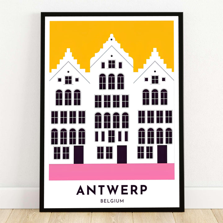 A modern graphic art print illustrating the step-gabled guild houses of Antwerp, Belgium, styled with a brilliant mustard yellow sky and vibrant hot pink street line. Offered by MapYourDreams, this artwork is available in flexible options including unframed paper, custom wooden frames, and gallery canvas wraps.