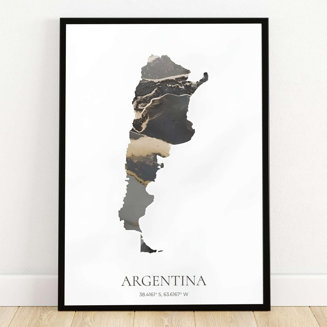 Argentina map art print showing abstract black and gold marble textures inside the country outline on a white background with geographic coordinates. Offered by MapYourDreams, this artwork is available in flexible options including unframed paper, custom wooden frames, and gallery canvas wraps.