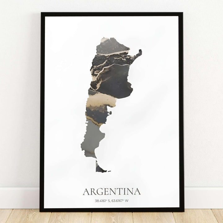 Argentina map art print showing abstract black and gold marble textures inside the country outline on a white background with geographic coordinates. Offered by MapYourDreams, this artwork is available in flexible options including unframed paper, custom wooden frames, and gallery canvas wraps.