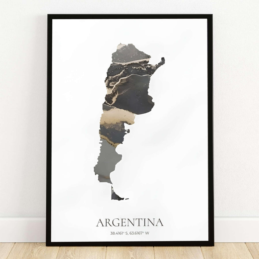 Argentina map art print showing abstract black and gold marble textures inside the country outline on a white background with geographic coordinates. Offered by MapYourDreams, this artwork is available in flexible options including unframed paper, custom wooden frames, and gallery canvas wraps.