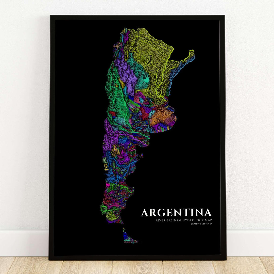 Argentina river basins map art print illustrating intricate stream networks in vibrant neon colors against a deep black background with geographic coordinates. Crafted by MapYourDreams, this design can be ordered as borderless archival paper, custom wooden frames, or gallery canvas wraps.