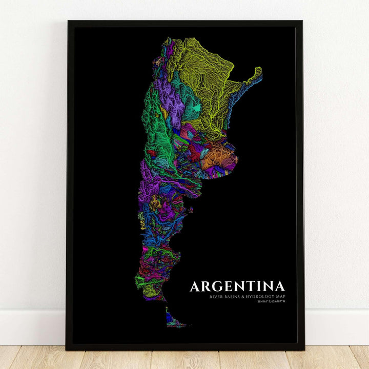 Argentina river basins map art print illustrating intricate stream networks in vibrant neon colors against a deep black background with geographic coordinates. Crafted by MapYourDreams, this design can be ordered as borderless archival paper, custom wooden frames, or gallery canvas wraps.