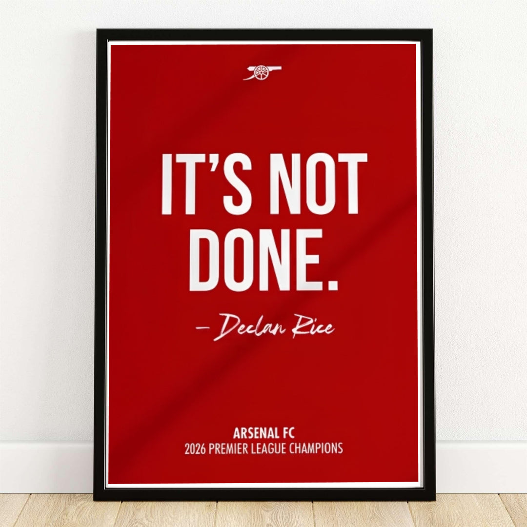 Bold red background wall art print with white Declan Rice quote and Arsenal logo from Emirates Stadium, available as unframed, framed, or canvas wall art to inspire soccer enthusiasts everywhere.