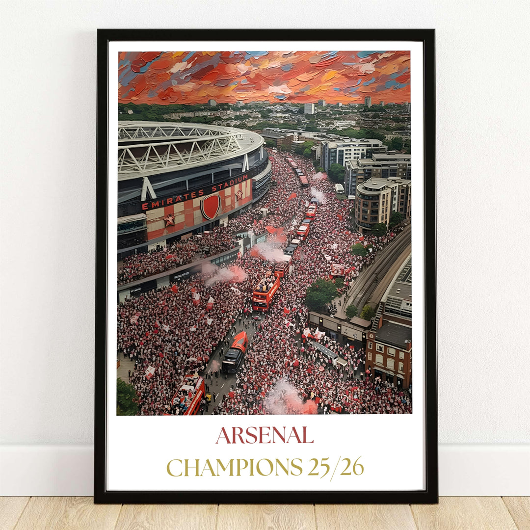 Contemporary fine art oil painting poster of Emirates Stadium victory parade atmosphere in Islington London, available as unframed prints, framed wall art, or canvas options for elegant bedroom decoration.
