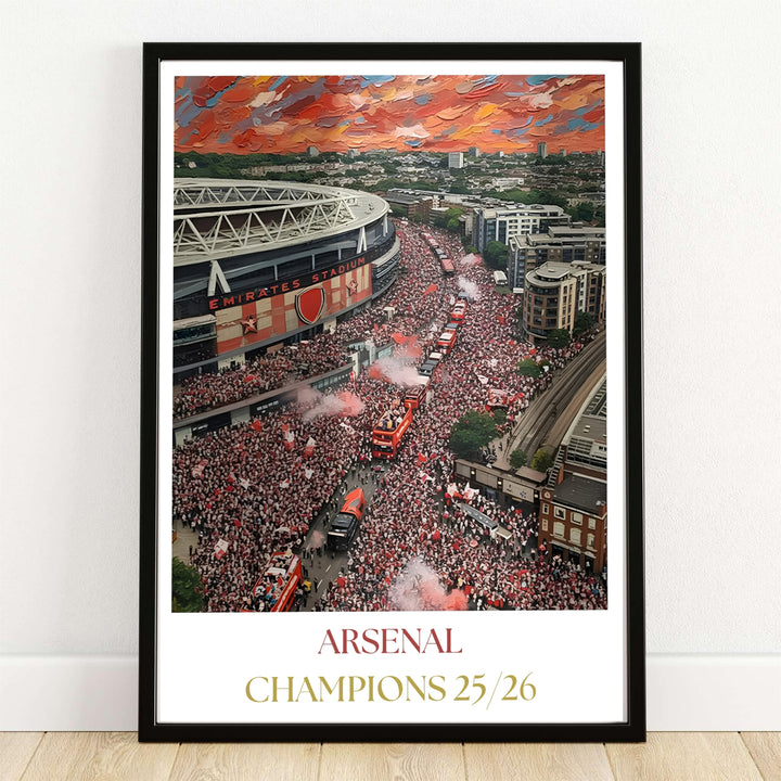 Contemporary fine art oil painting poster of Emirates Stadium victory parade atmosphere in Islington London, available as unframed prints, framed wall art, or canvas options for elegant bedroom decoration.