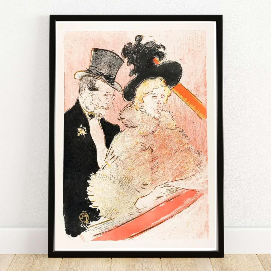 Henri de Toulouse-Lautrec 1896 color lithograph print At The Concert depicting an elegant couple in a private theater box at a Parisian concert hall in Paris, France. MapYourDreams provides custom framed wall art, unframed prints, and stretched canvas options for vintage decor.