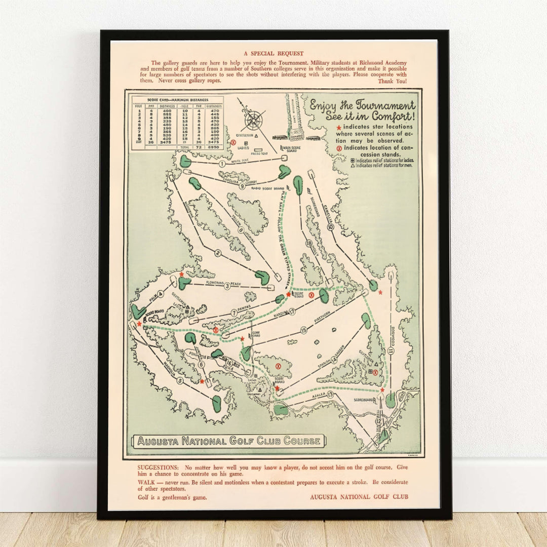 Historic 1954 Augusta Georgia vintage golf course map print depicting fairway layouts, hazards, and scorecard details on aged parchment paper. Offered by MapYourDreams, this artwork is available in flexible options including unframed paper, custom wooden frames, and gallery canvas wraps for tailored home wall decor setups.