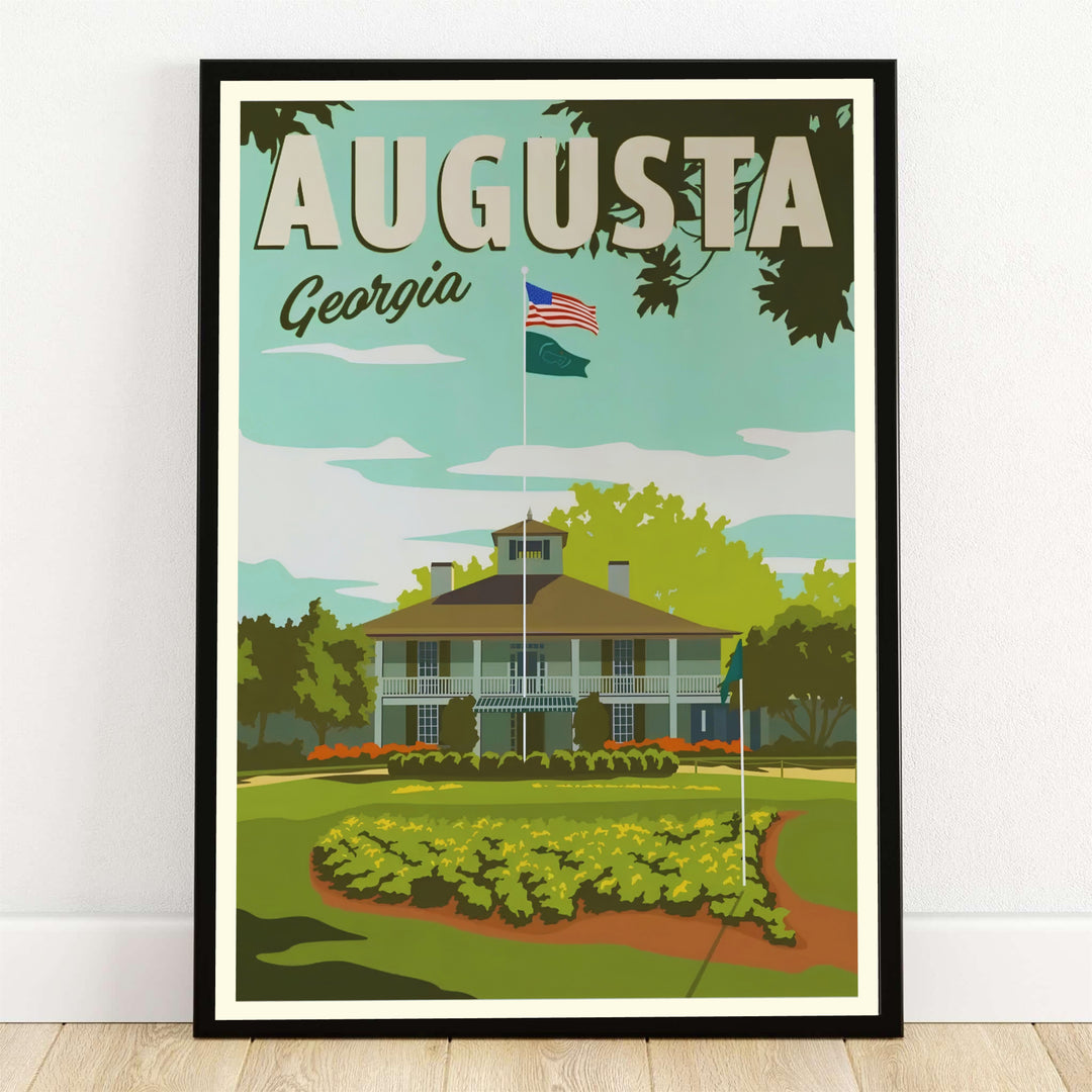 Vintage style Augusta Georgia clubhouse golf print depicting the famous antebellum building and Founders Circle floral display on a pristine lawn. Offered by MapYourDreams, this artwork is available in flexible options including unframed paper, custom wooden frames, and gallery canvas wraps for tailored home wall decor setups.