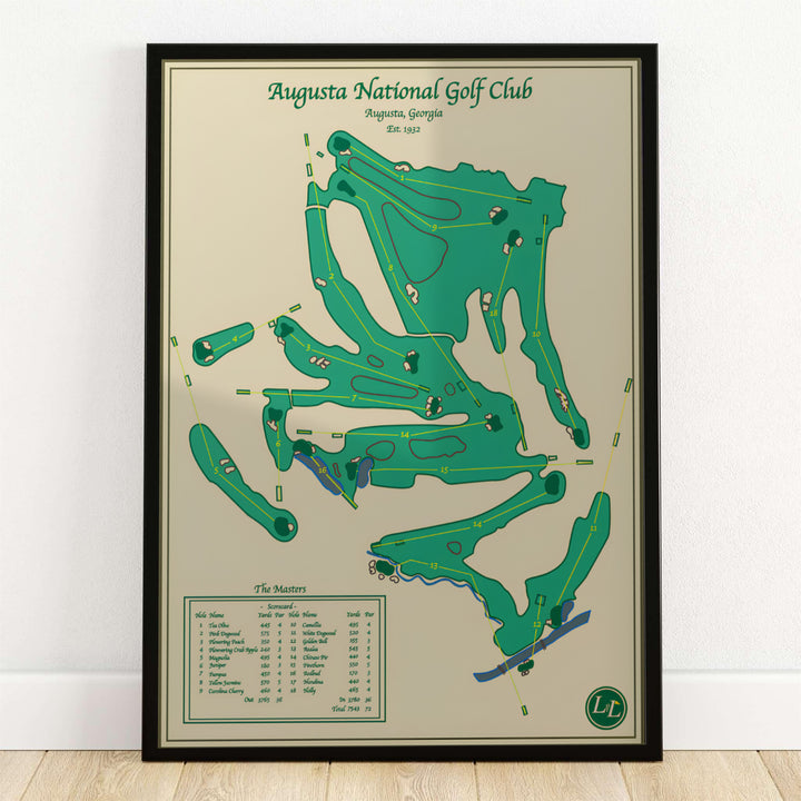 Vintage style Augusta Georgia golf course map print featuring an emerald green layout and detailed scorecard table on a warm beige background. Offered by MapYourDreams, this artwork is available in flexible options including unframed paper, custom wooden frames, and gallery canvas wraps for tailored home wall decor setups.
