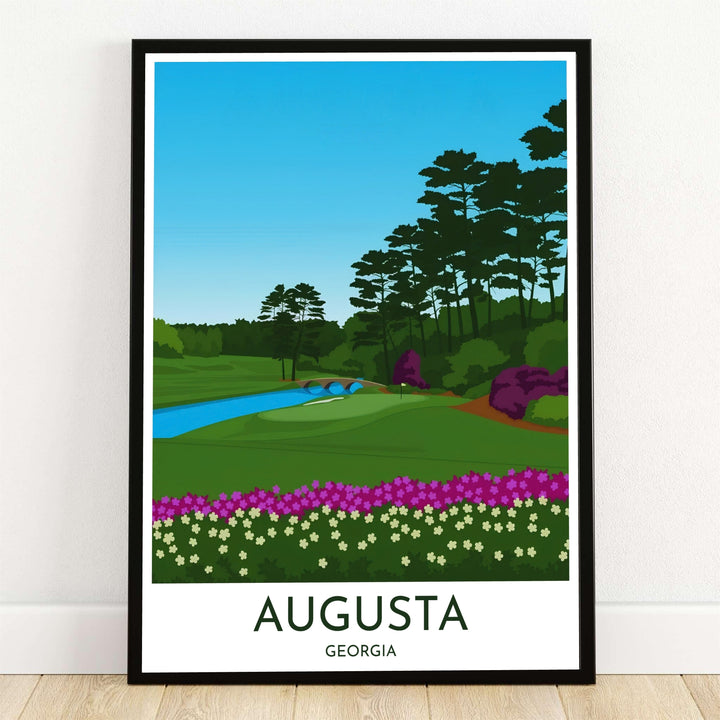 Augusta Georgia vector golf art print depicting a vibrant foreground bed of purple and white azaleas leading toward the 12th hole Golden Bell green across Rae&