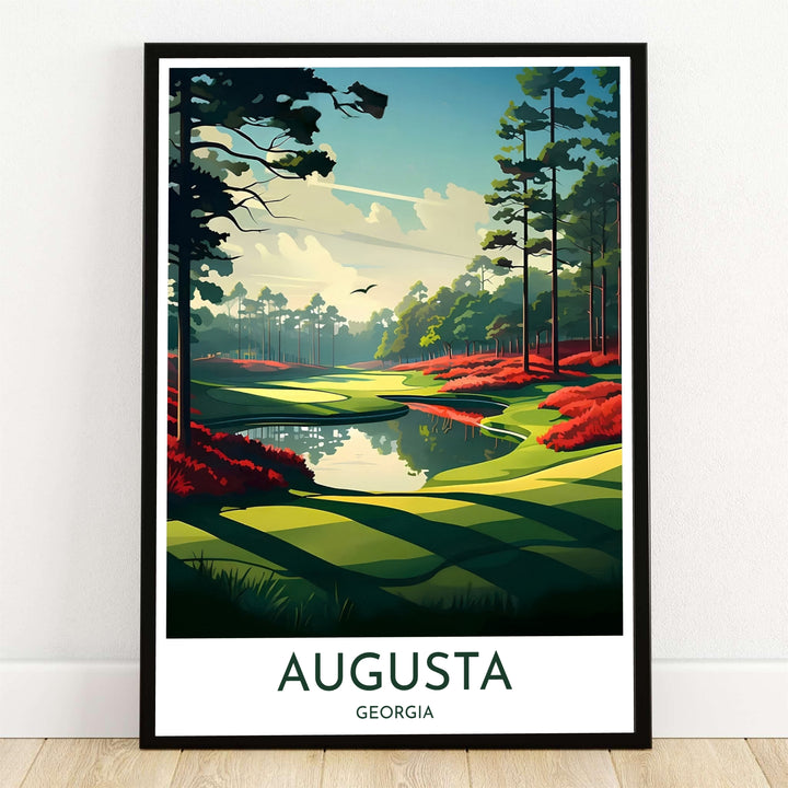 Augusta Georgia golf art print illustrating the dogleg fairway and serene water hazard of Hole 13 Azalea at Amen Corner framed by towering pine shadows. Offered by MapYourDreams, this artwork is available in flexible options including unframed paper, custom wooden frames, and gallery canvas wraps for tailored home wall decor setups.