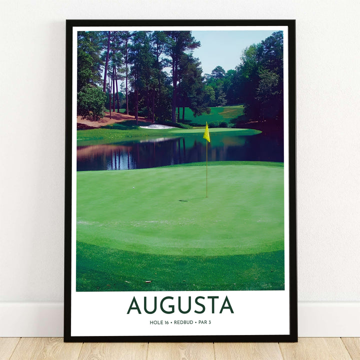 Augusta Georgia golf photo print captured from behind the 16th green looking back toward the tranquil pond hazard, yellow pin flag, and towering pine forest. Offered by MapYourDreams, this artwork is available in flexible options including unframed paper, custom wooden frames, and gallery canvas wraps for tailored home wall decor setups.