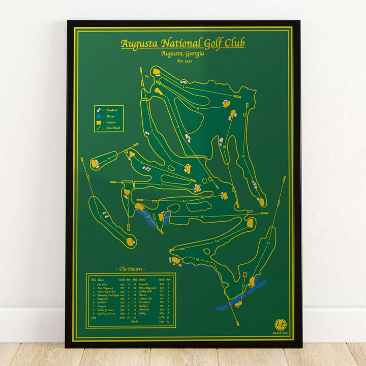 Augusta Georgia vintage golf course map print displaying a detailed hole-by-hole blueprint layout in gold lines against a deep forest green background with an integrated scorecard. Offered by MapYourDreams, this artwork is available in flexible options including unframed paper, custom wooden frames, and gallery canvas wraps for tailored home wall decor setups.