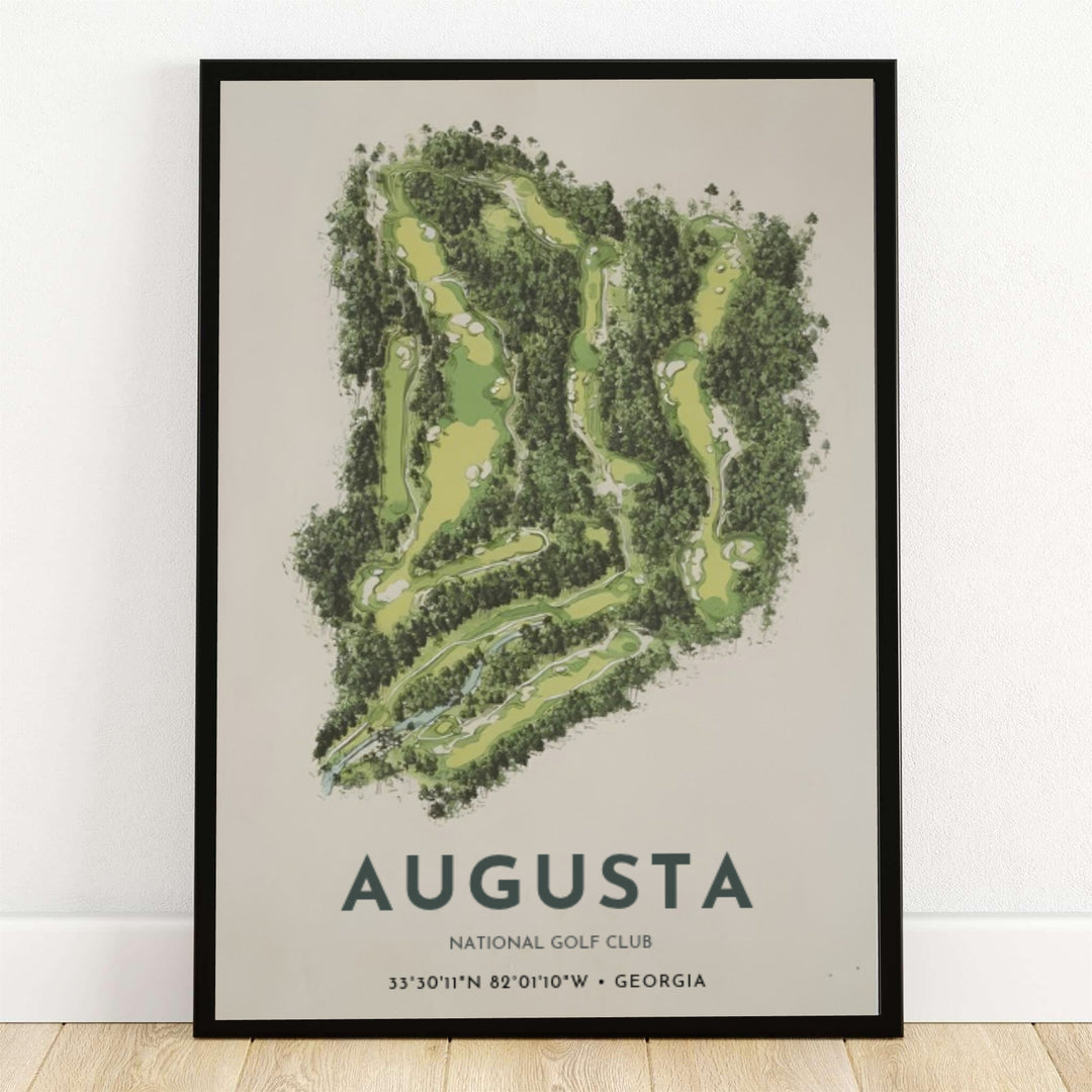 Augusta Georgia aerial golf course layout print illustrating an organic top-down satellite perspective of fairways and tree canopies on a vintage cream background with GPS coordinates. Offered by MapYourDreams, this artwork is available in flexible options including unframed paper, custom wooden frames, and gallery canvas wraps for tailored home wall decor setups.