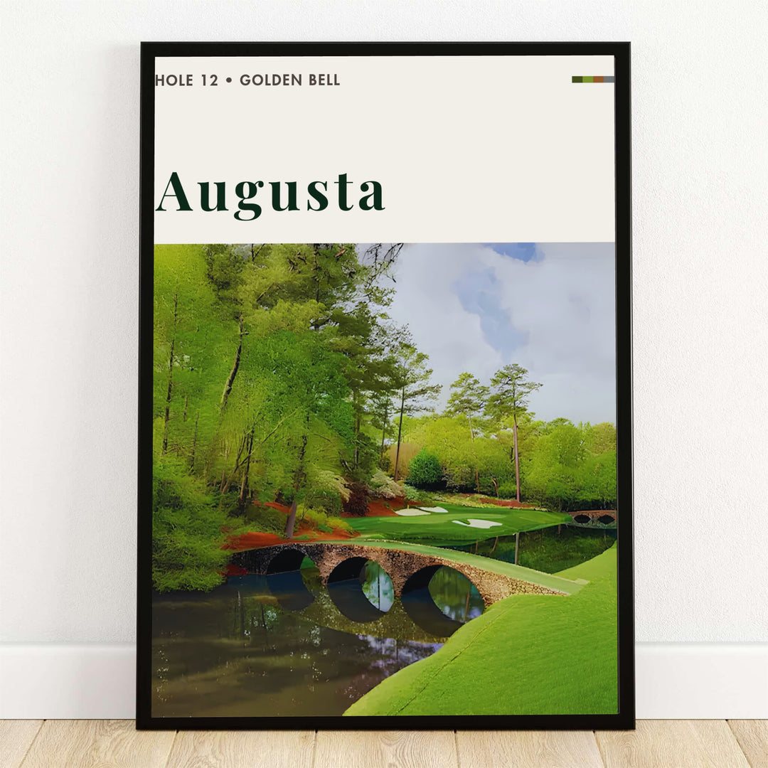 Augusta Georgia Hole 12 Golden Bell golf art print displaying the arched stone Hogan Bridge spanning Rae&