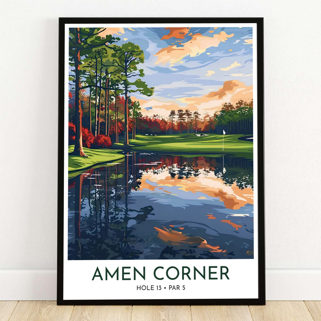 Augusta Georgia Hole 13 Azalea sunset golf art print featuring dynamic vector illustrations of towering pine trees, vibrant red azaleas, and serene Rae&