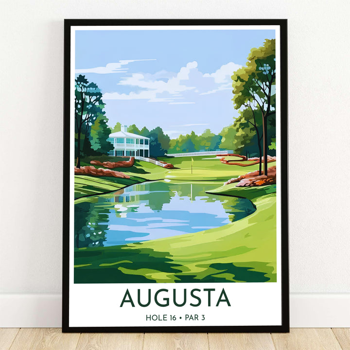 Augusta Georgia Hole 16 Redbud vintage style golf art print illustrating the iconic Par 3 pond, green slope, white flagstick, and background white clubhouse behind lush trees. Offered by MapYourDreams, this artwork is available in flexible options including unframed paper, custom wooden frames, and gallery canvas wraps for tailored home wall decor setups.