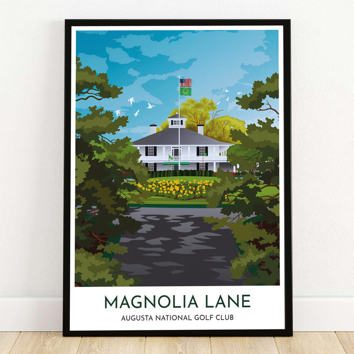 Augusta Georgia Magnolia Lane vector golf art print illustrating the historic tree-lined drive leading directly toward the white plantation style clubhouse and yellow flower bed. Offered by MapYourDreams, this artwork is available in flexible options including unframed paper, custom wooden frames, and gallery canvas wraps for tailored home wall decor setups.