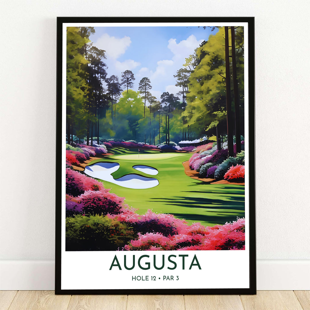 Augusta Georgia Hole 12 Golden Bell painterly style golf art print illustrating the famous Par 3 green surrounded by vibrant magenta azalea bushes, white sand bunkers, and tall pine trees. Offered by MapYourDreams, this artwork is available in flexible options including unframed paper, custom wooden frames, and gallery canvas wraps for tailored home wall decor setups.