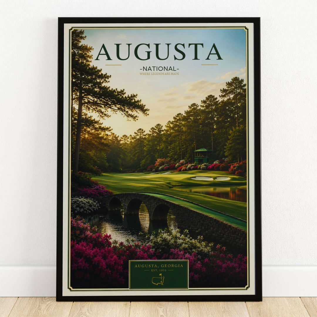 Augusta Georgia Amen Corner vintage style golf art print illustrating the iconic stone Hogan Bridge crossing Rae's Creek with golden hour sunlight filtering through tall pine trees. Offered by MapYourDreams, this artwork is available in flexible options including unframed paper, custom wooden frames, and gallery canvas wraps for tailored home wall decor setups.