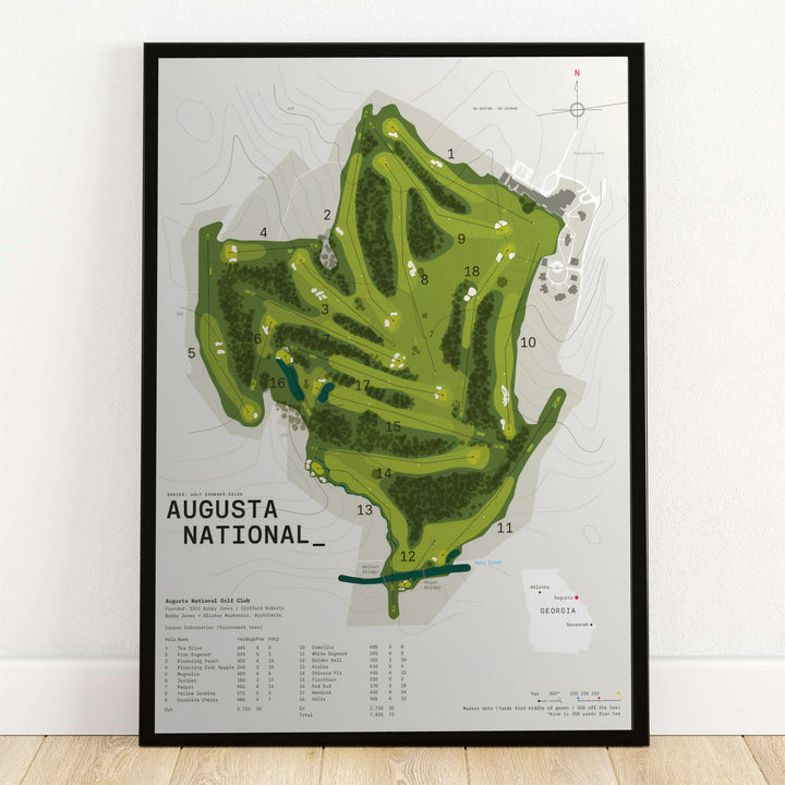 Modern minimalist course layout map print of Augusta National Golf Club in Georgia, showing all 18 numbered holes, water hazards, sand traps, and topographical elevation contours. Offered by MapYourDreams, this artwork is available in flexible options including unframed paper, custom wooden frames, and gallery canvas wraps.