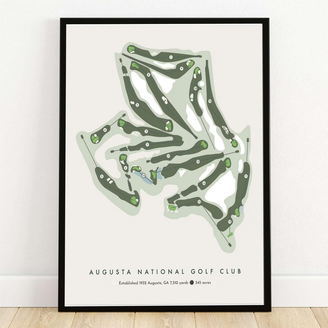 Minimalist course layout print of Augusta National Golf Club in Georgia, rendered in deep forest green, apple green, and warm beige background with clear hole numbering. Offered by MapYourDreams, this artwork is available in flexible options including unframed paper, custom wooden frames, and gallery canvas wraps.
