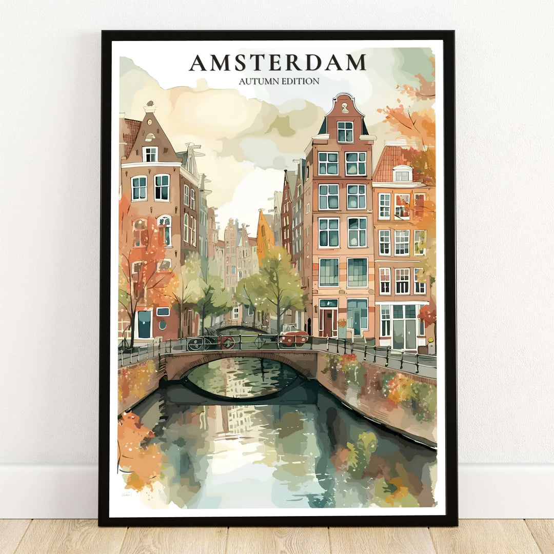 Autumn in Amsterdam watercolor poster depicting a warm fall canal scene with golden orange foliage and historic gabled houses, presented by MapYourDreams with format options including unframed paper prints, stretched canvas wall decor, and custom framed prints for cozy living rooms.