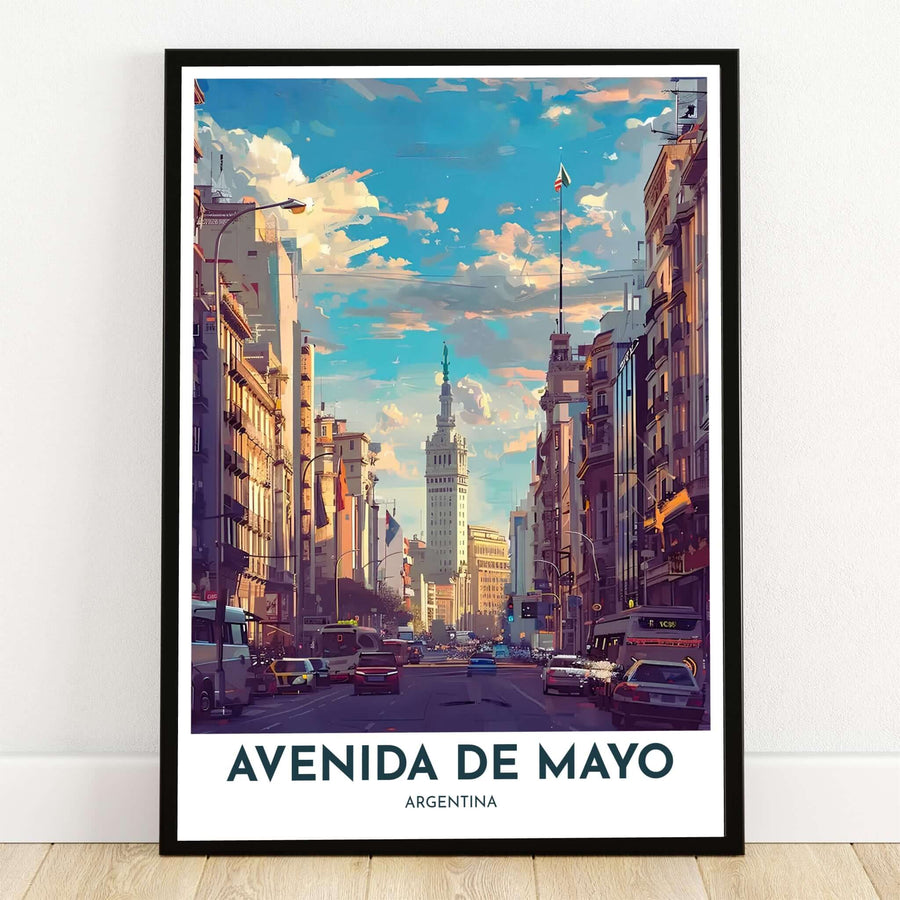 Avenida de Mayo poster print capturing the sunlit boulevard of Buenos Aires with Palacio Barolo looming in painterly architectural detail under a blue sky. Presented by MapYourDreams, this artwork comes in versatile options including standalone paper prints, solid wood frames, and gallery canvas wraps