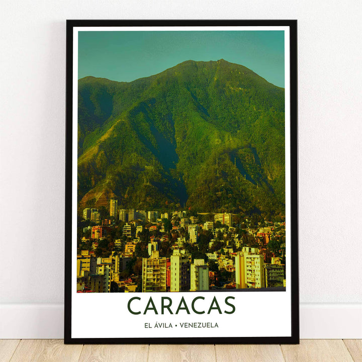 Avila Mountain Caracas Venezuela art print featuring a golden sunlit city skyline resting beneath the lush green slopes of El Ávila. Crafted by MapYourDreams, this design can be ordered as borderless archival paper, custom wooden frames, or gallery canvas wraps.