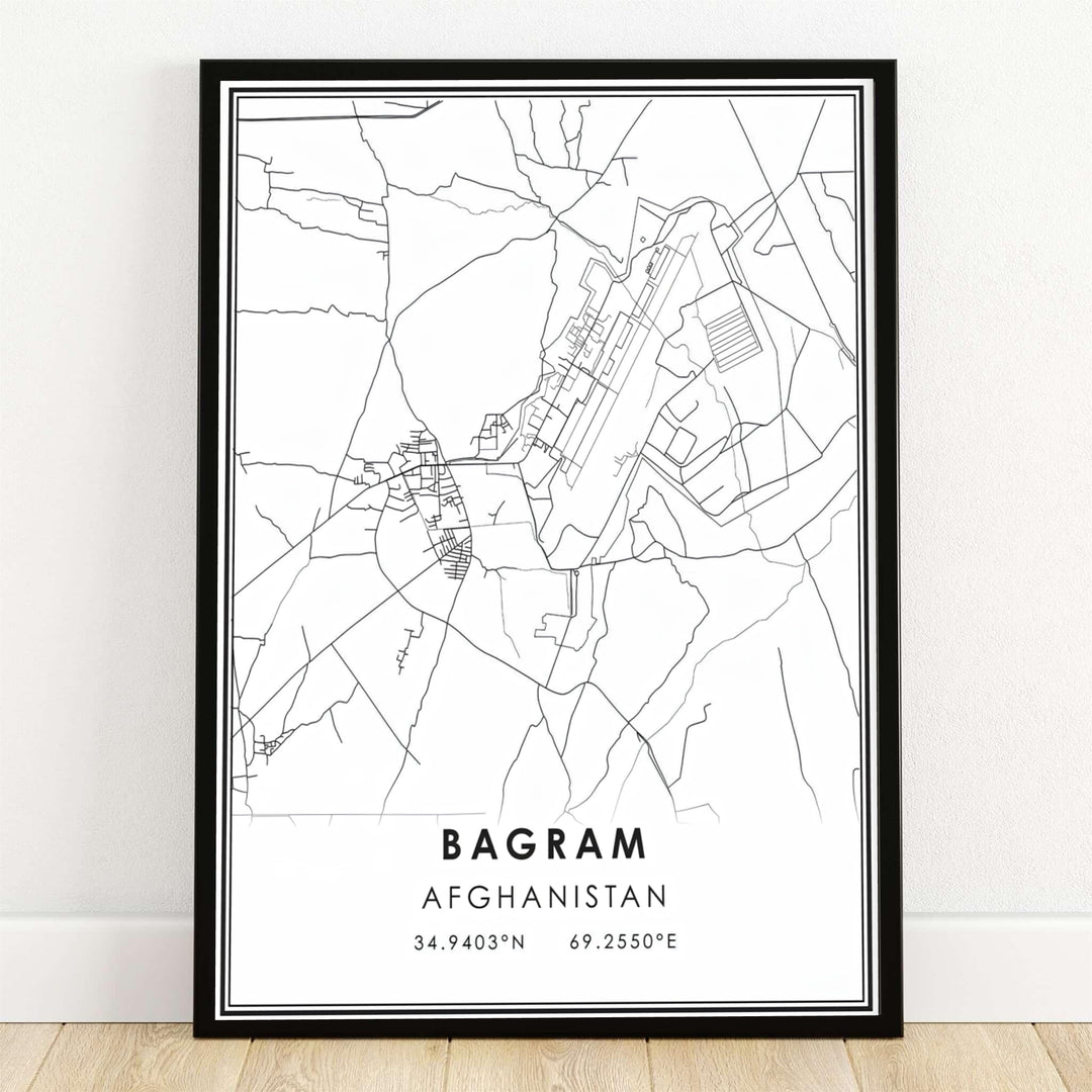 Bagram Afghanistan Map Poster displaying a minimalist black and white line cartography design of Bagram city streets and airfield coordinates, available from MapYourDreams as an unframed art paper print, gallery wrapped canvas wall decor, or framed print in natural wood frames for modern office styling.