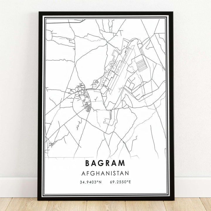 Bagram Afghanistan Map Poster displaying a minimalist black and white line cartography design of Bagram city streets and airfield coordinates, available from MapYourDreams as an unframed art paper print, gallery wrapped canvas wall decor, or framed print in natural wood frames for modern office styling.