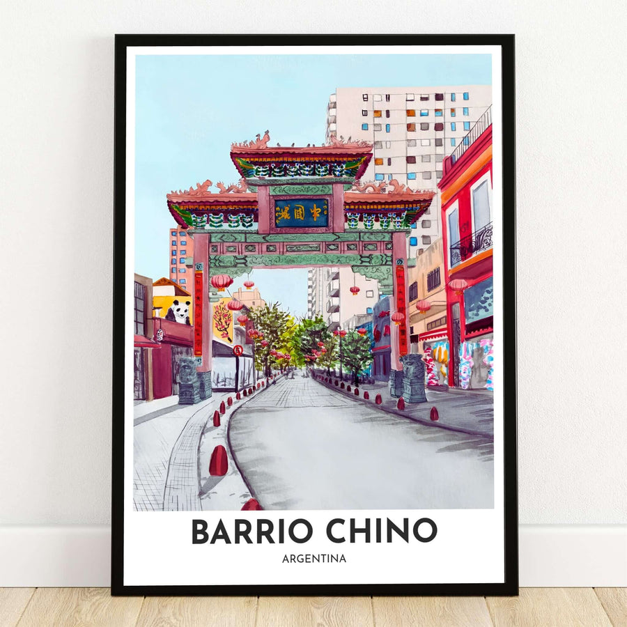Barrio Chino Buenos Aires watercolor art print depicting the colorful Belgrano Chinatown archway with red lanterns and stone lions under a clear sky. Crafted by MapYourDreams, this design can be ordered as borderless archival paper, custom wooden frames, or gallery canvas wraps.
