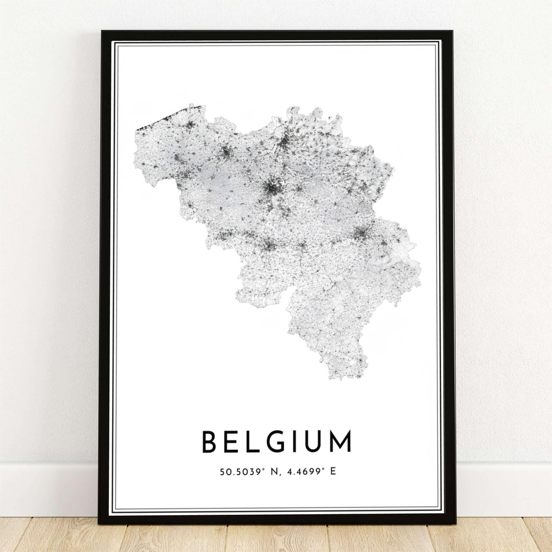 A minimalist black and white country map print illustrating the complete road network of Belgium, revealing the dense highways and street web forming the nation&