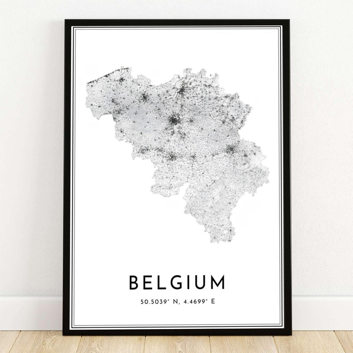 A minimalist black and white country map print illustrating the complete road network of Belgium, revealing the dense highways and street web forming the nation&
