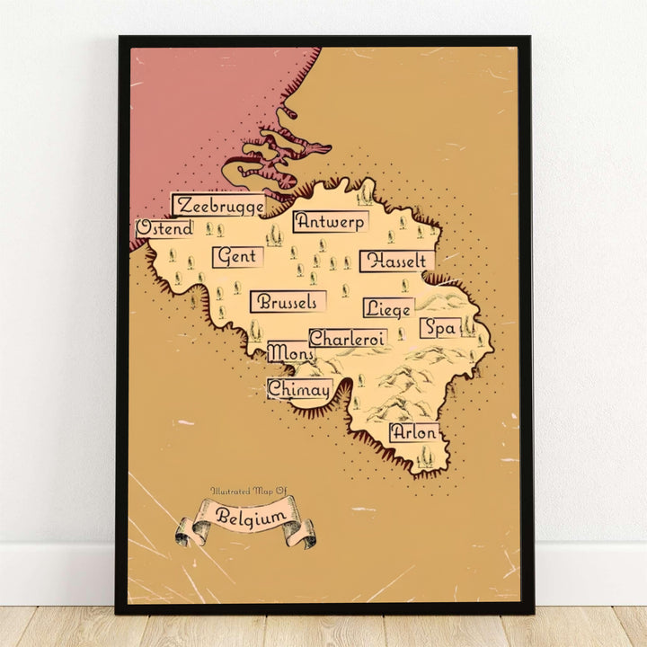 An antique-style illustrated country map print of Belgium rendered in warm sepia parchment tones with dusty rose borders, showing major cities and hand-lettered banners. Offered by MapYourDreams, this artwork is available in flexible options including unframed paper, custom wooden frames, and gallery canvas wraps.