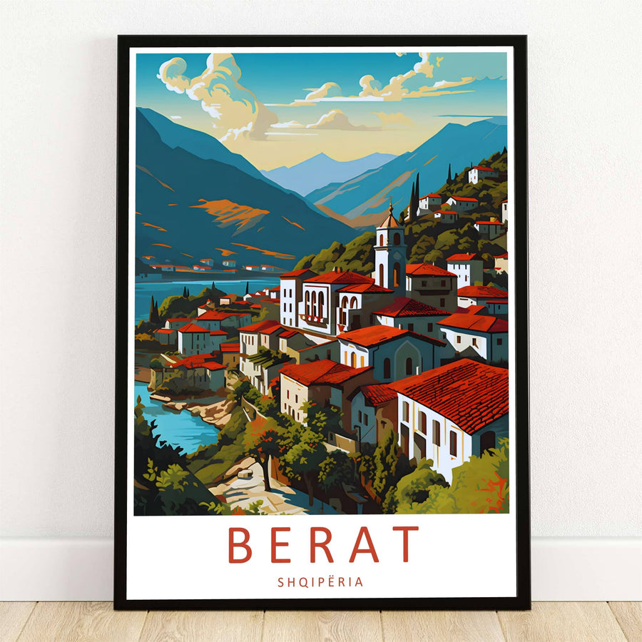 Premium travel poster depicting Berat Albania in vibrant European colors, designed to bring architectural beauty and travel inspiration into your home. Offered by MapYourDreams, this artwork is available in flexible options including unframed paper, custom wooden frames, and gallery canvas wraps.